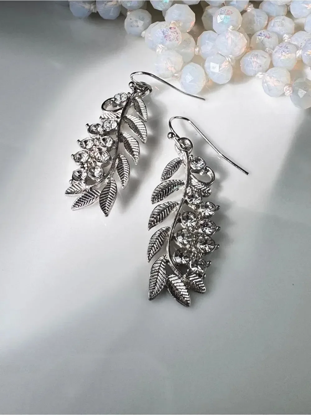Zara Vintage Silver Leaf Crystal Drop Earrings